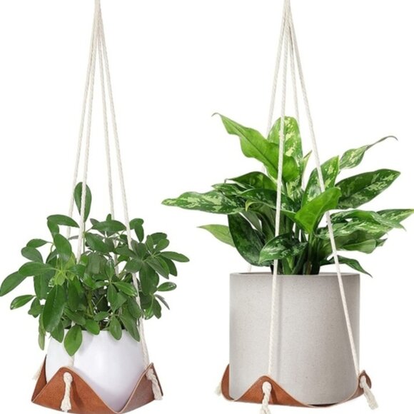 Boho Vegan Leather Plant Hangers | Set of 2 | Decorative Hanging Planters 8.6” - Picture 6 of 7